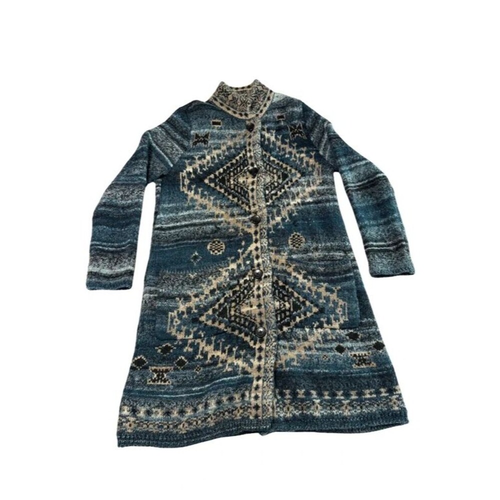 J.Jill Teal Blue Fair Isle Southwestern Knit Long Duster Sweater Coat Cardigan M